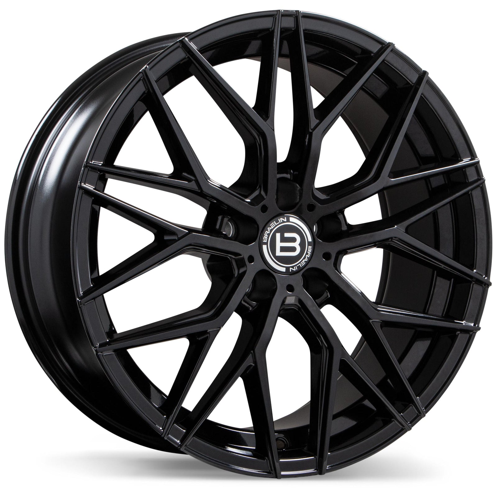 Black alloy wheel with a brand logo on a white background
