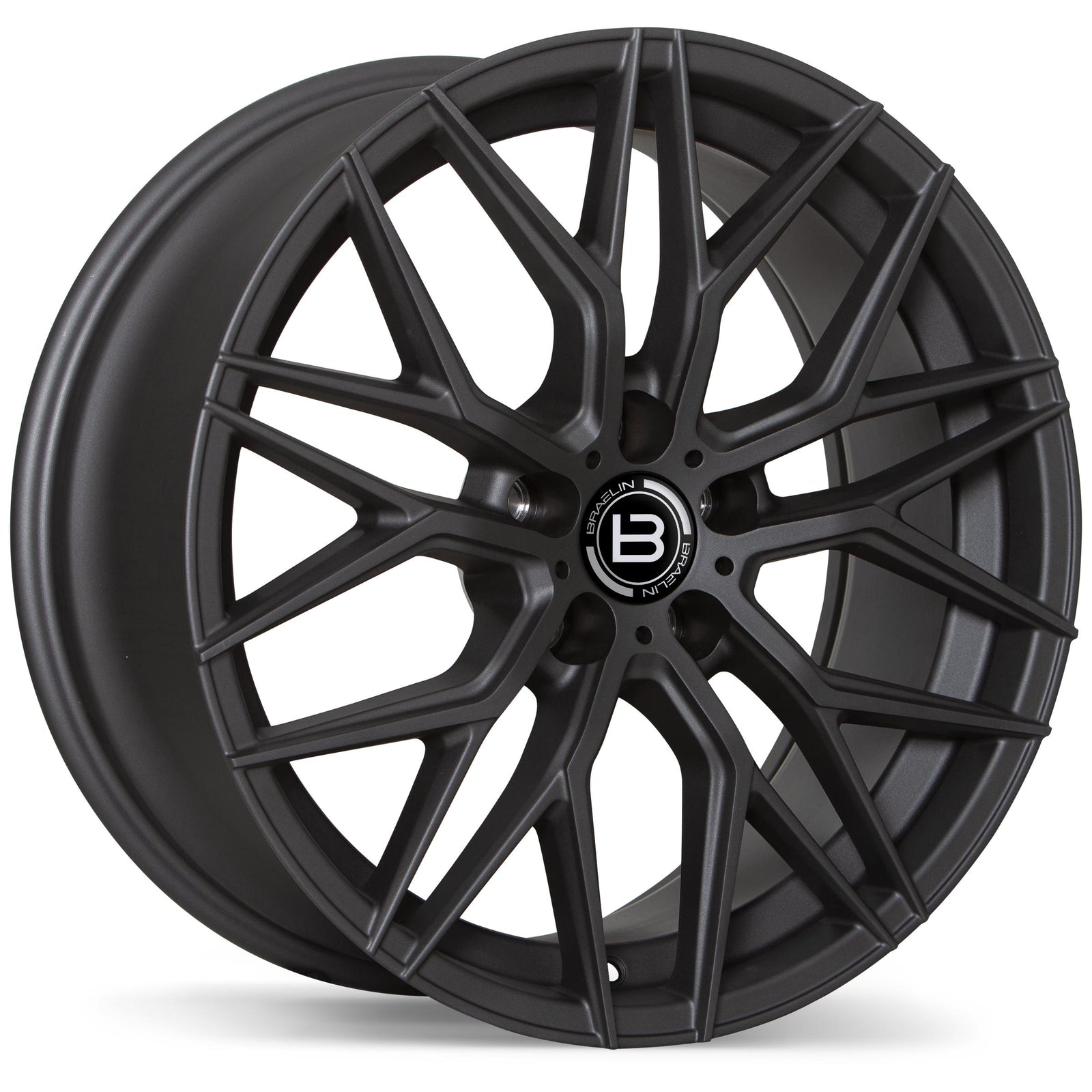 Black alloy wheel with a brand logo on a white background