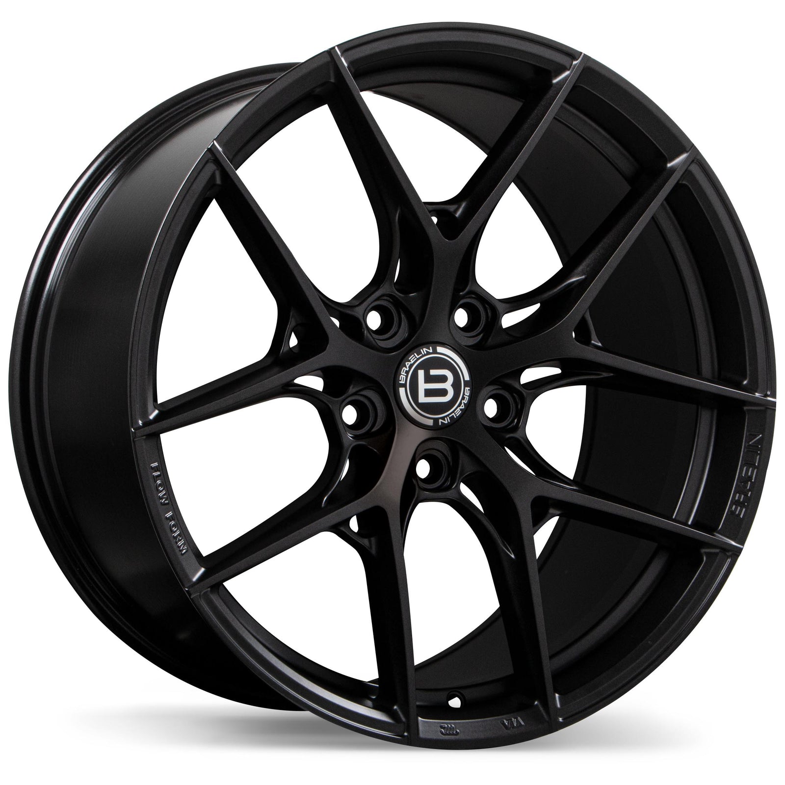 Black alloy wheel with a brand logo on a white background