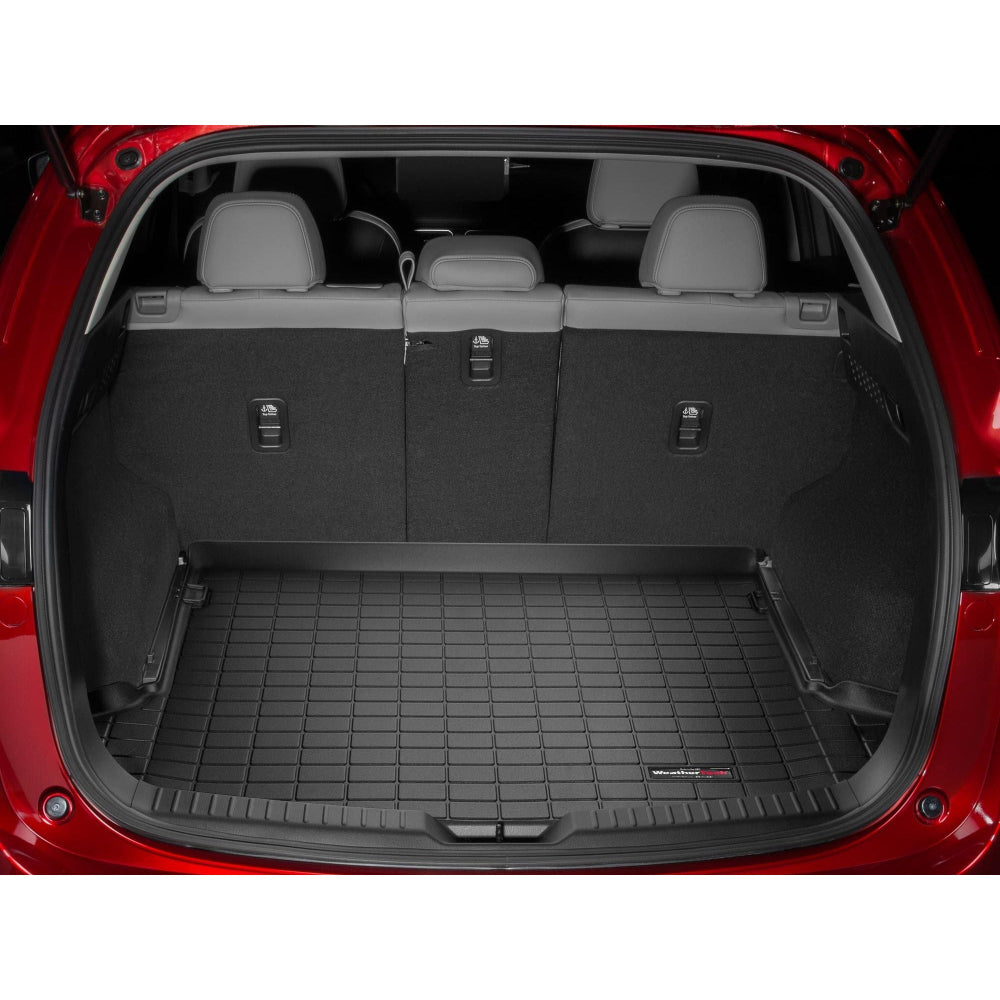 Car trunk with a black cargo liner and red car exterior