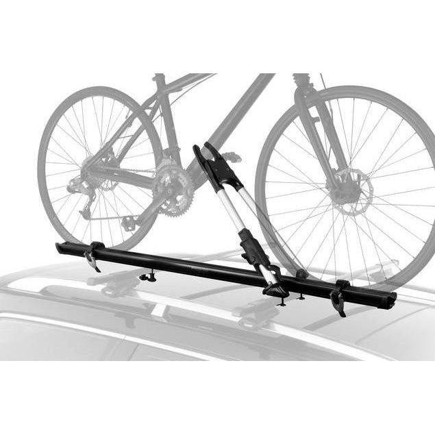 Bicycle mounted on a roof rack with a clear background