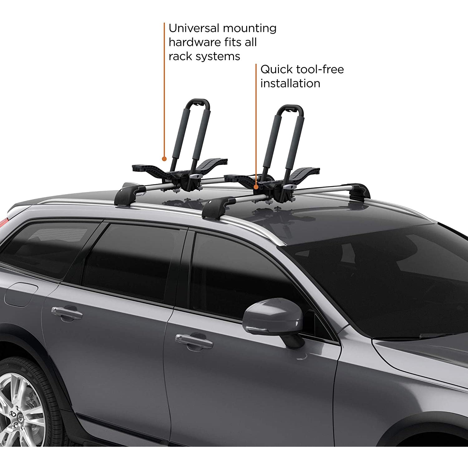 Car roof rack system on a vehicle with text indicating features