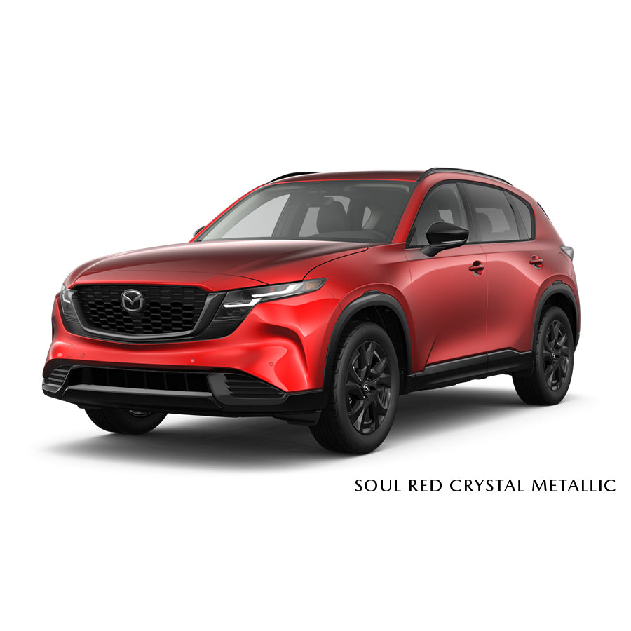 Red Mazda SUV on a white background with 'Soul Red Crystal Metallic' text.