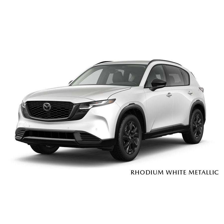 White Mazda SUV on a white background with 'Rhodium White Metallic' text.