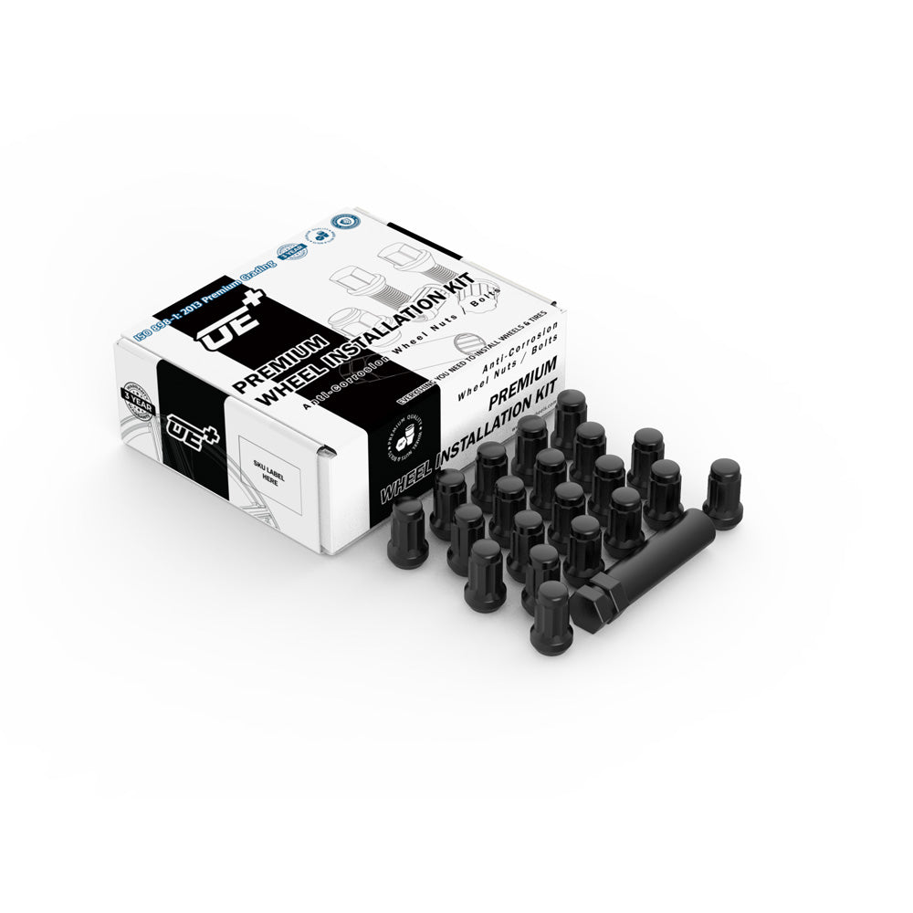 LEATHER FACTORY NUTS Wheel Nut Set (20+1 pcs) — 6-Spline in Gloss Black (19/21mm) | OE+