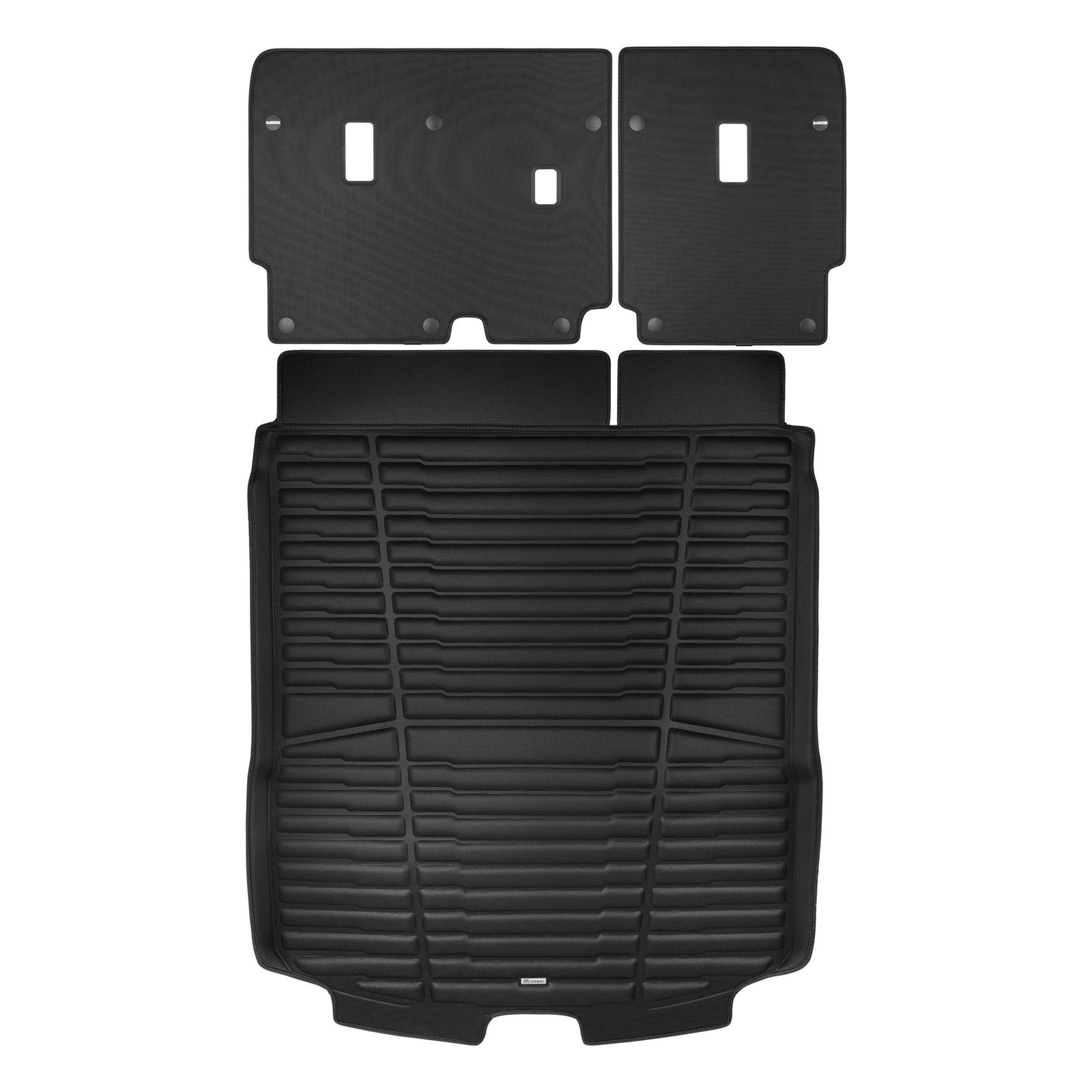 Set of black car floor mats with a detailed pattern on a white background