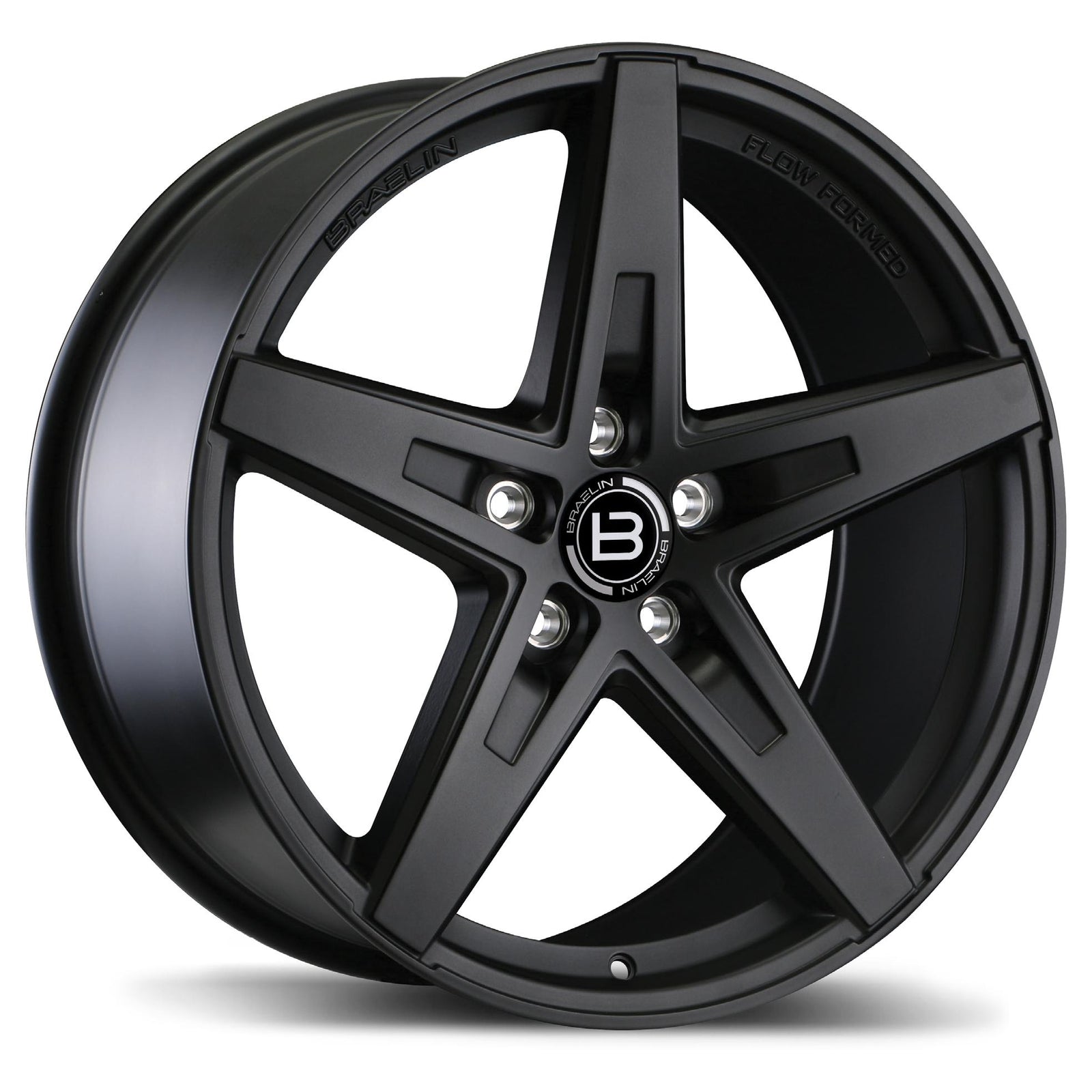 Black alloy wheel with a brand logo on a white background
