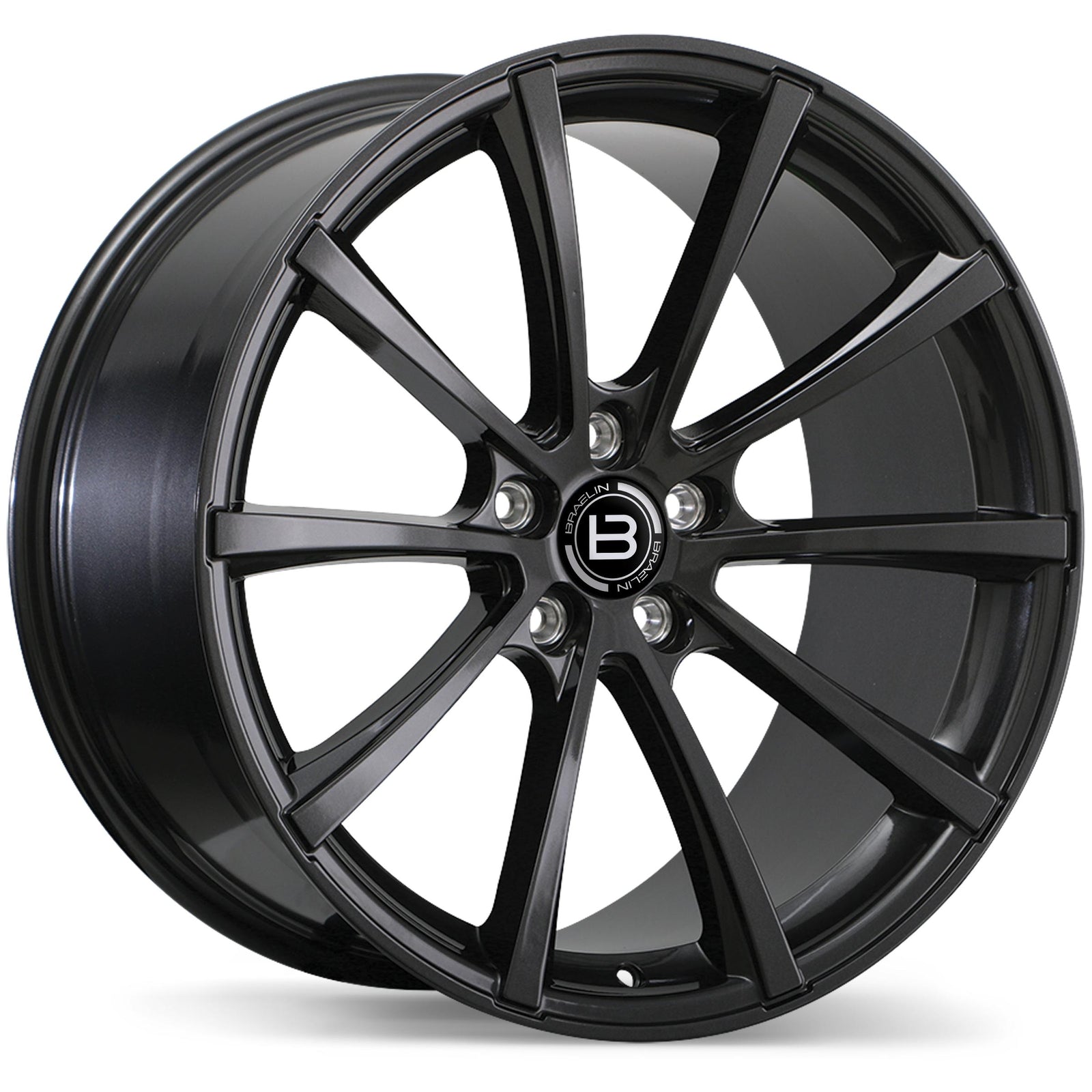 Black alloy wheel with a brand logo on a white background
