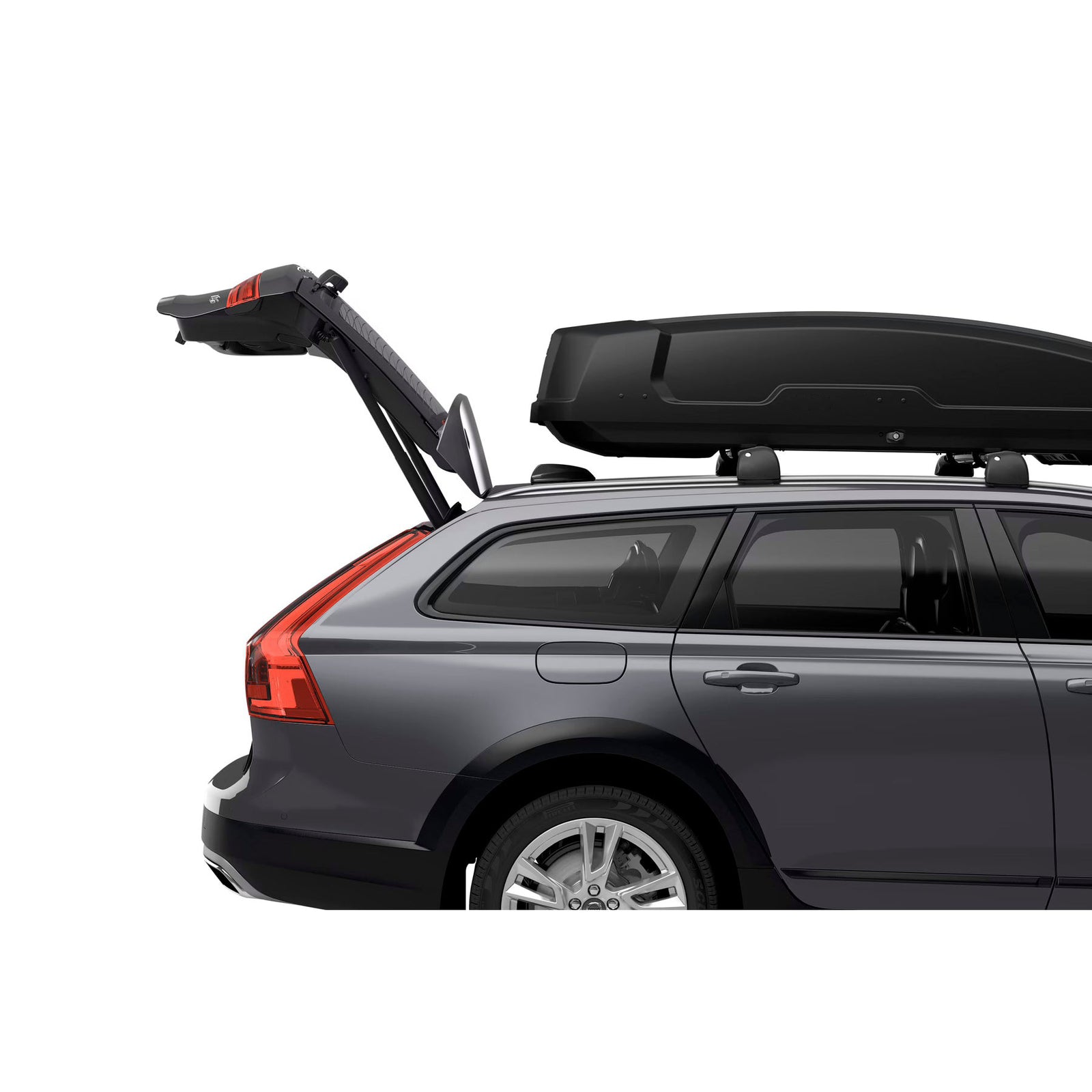 Gray car with an open trunk and a roof box on a white background