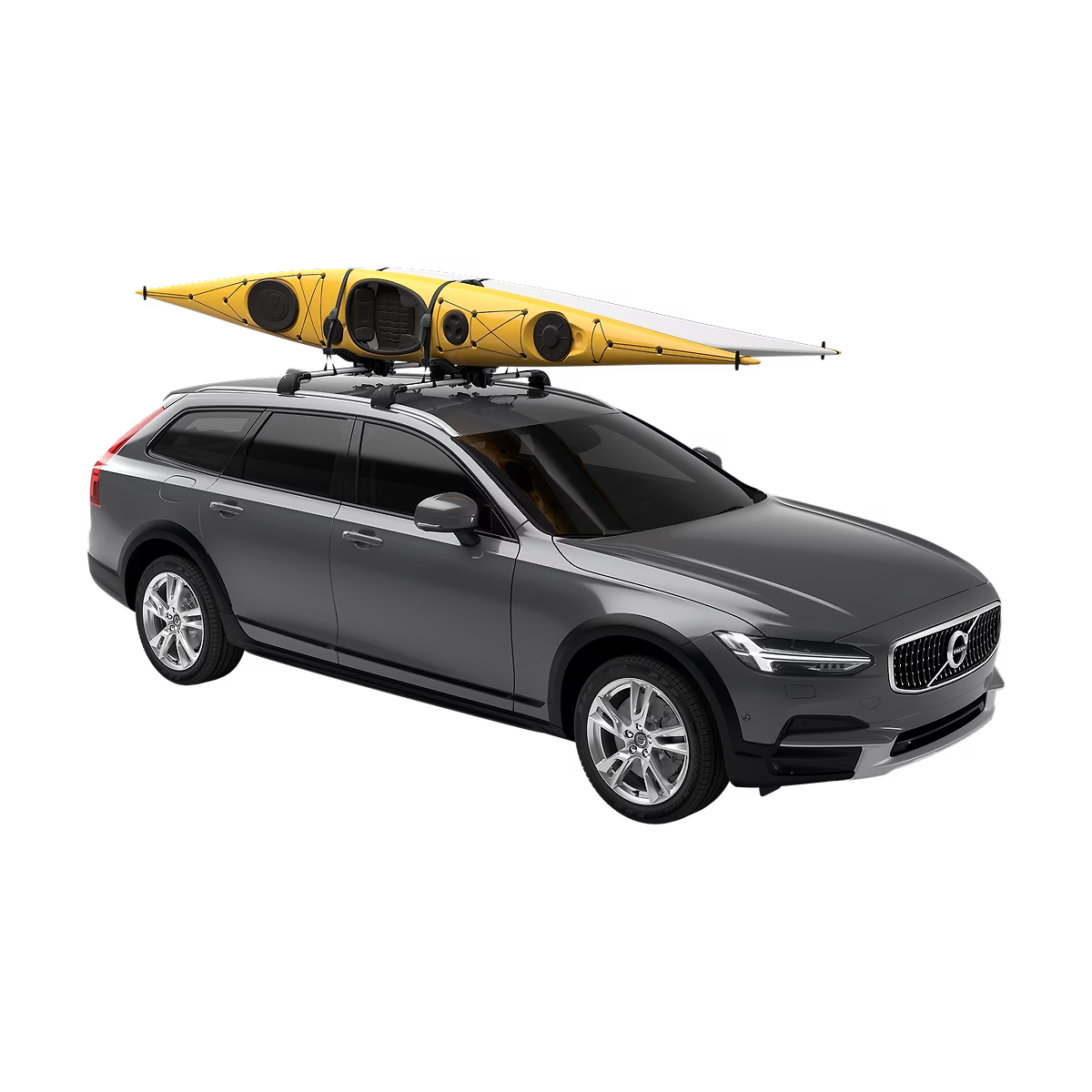 Gray car with a yellow kayak on the roof against a white background