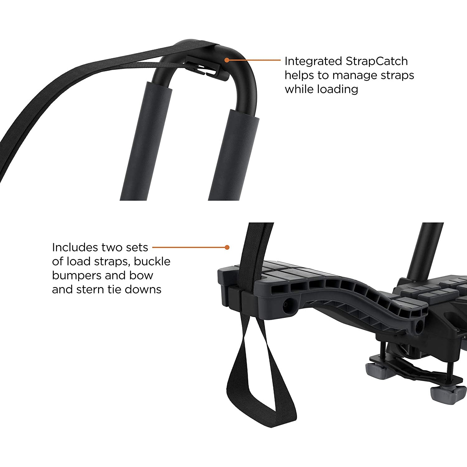 Black vehicle cargo carrier with integrated strap catch and load straps on a white background