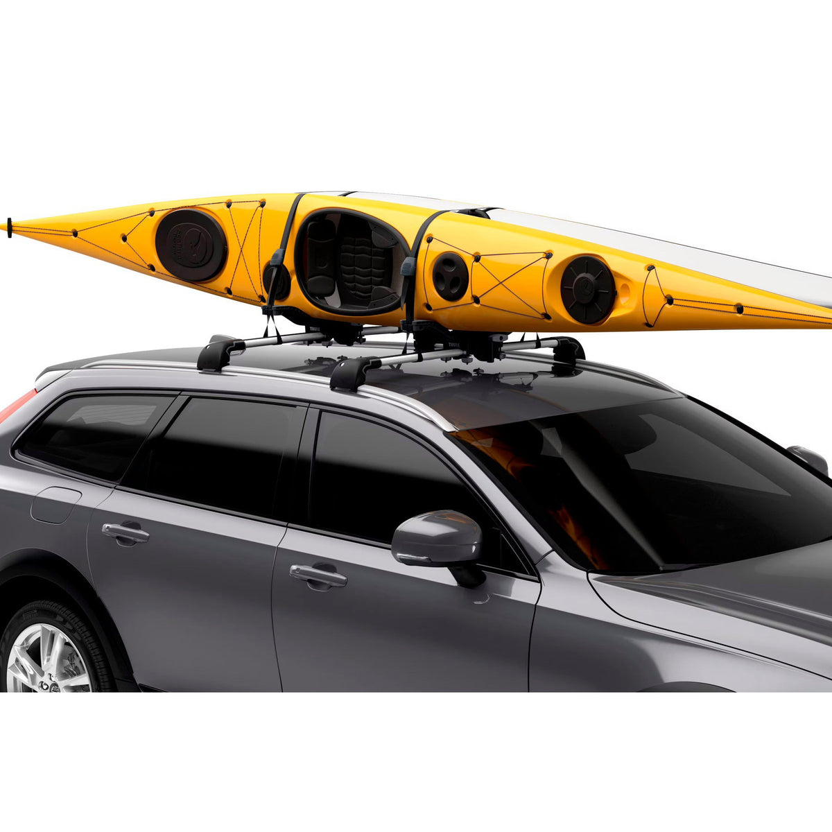 Yellow kayak on a car roof rack against a white background