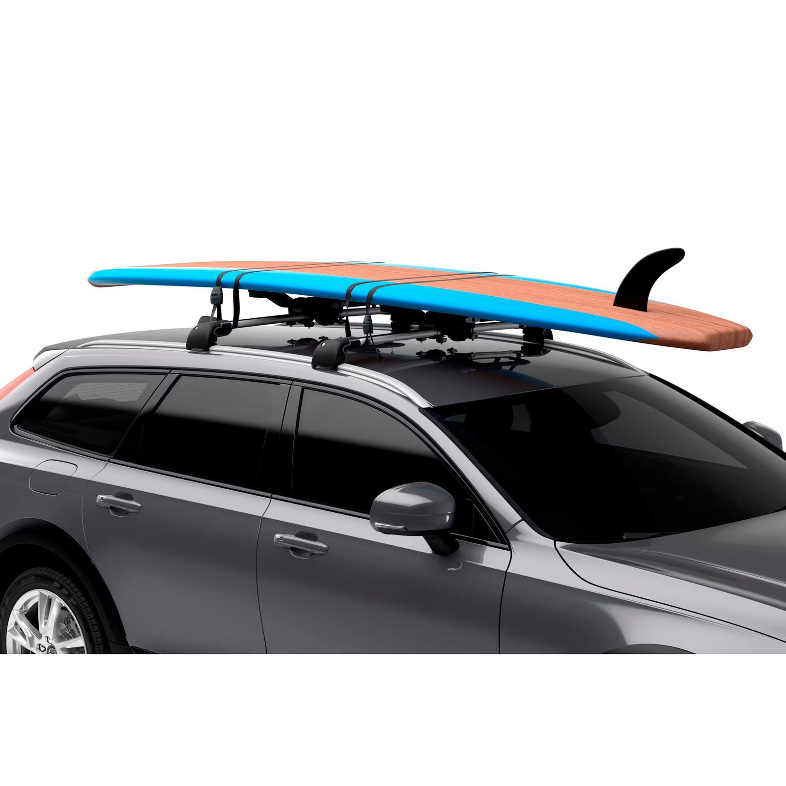 Car with a surfboard on a roof rack against a white background