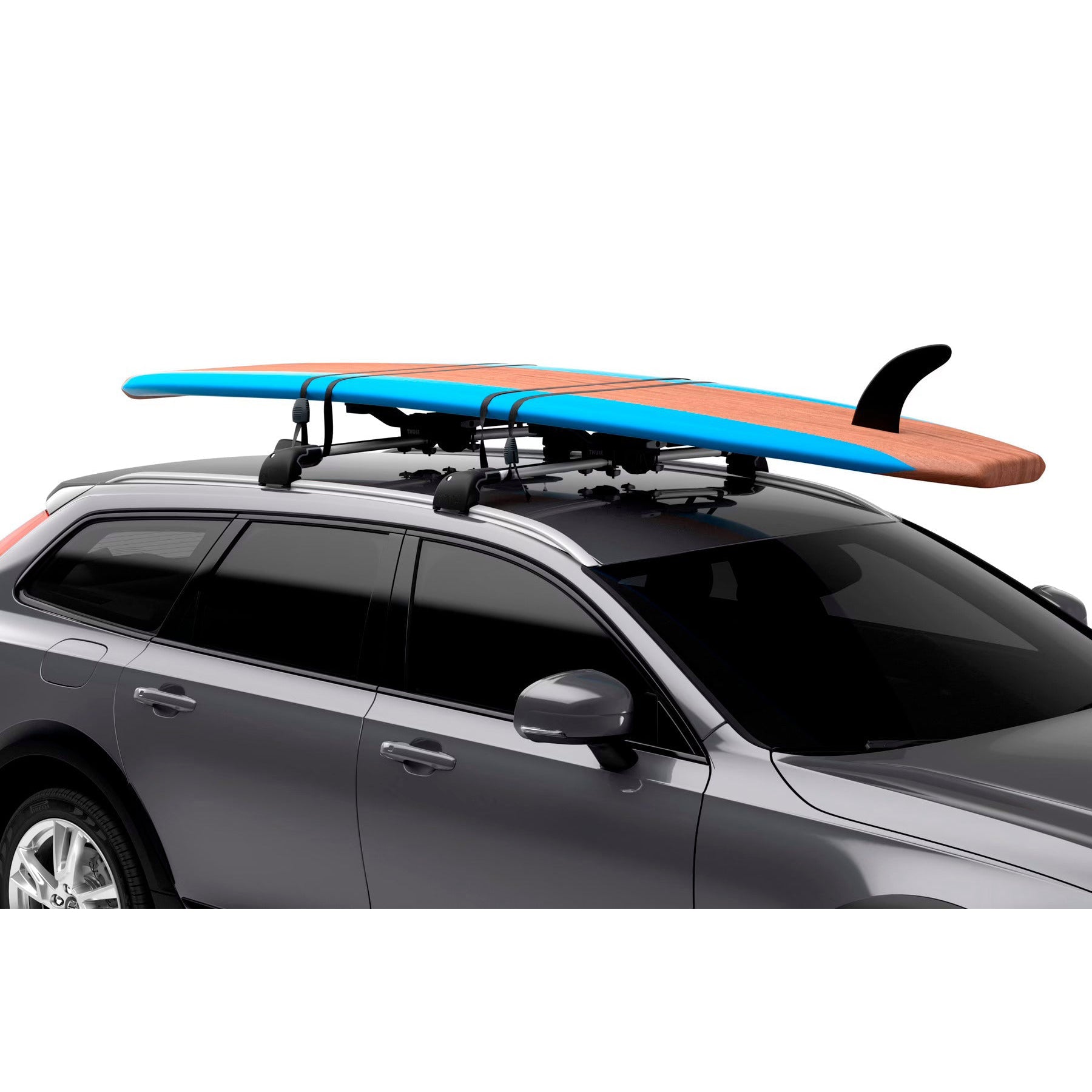 Car with a surfboard on a roof rack against a white background
