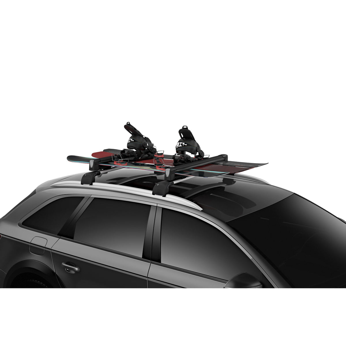Car with ski and snowboard rack on a white background