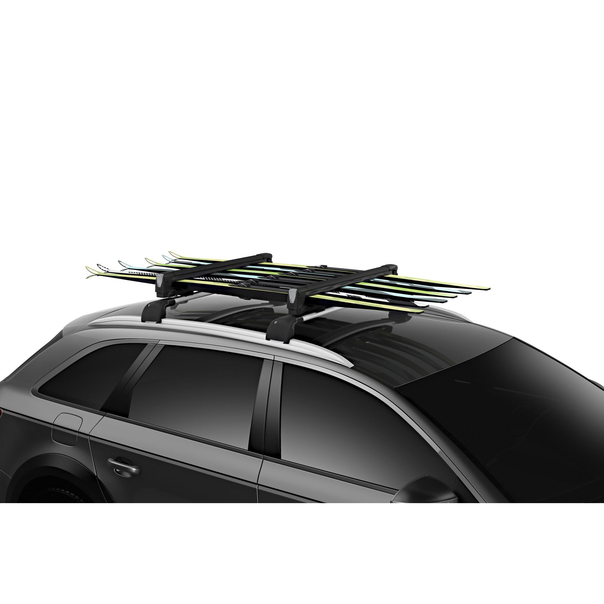 Car roof rack with skis on a white background