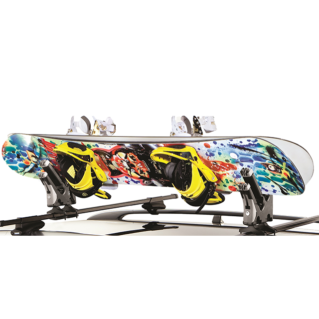 Colorful snowboard with yellow bindings on a white background