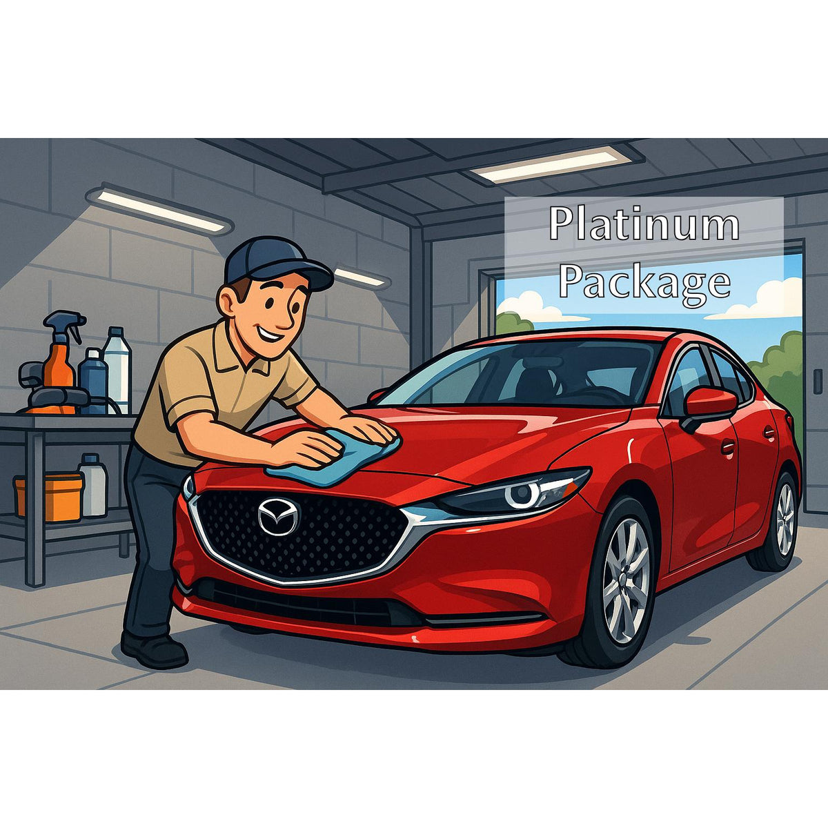 Illustration of a car being washed with a &#39;Platinum Package&#39; sign in the background.