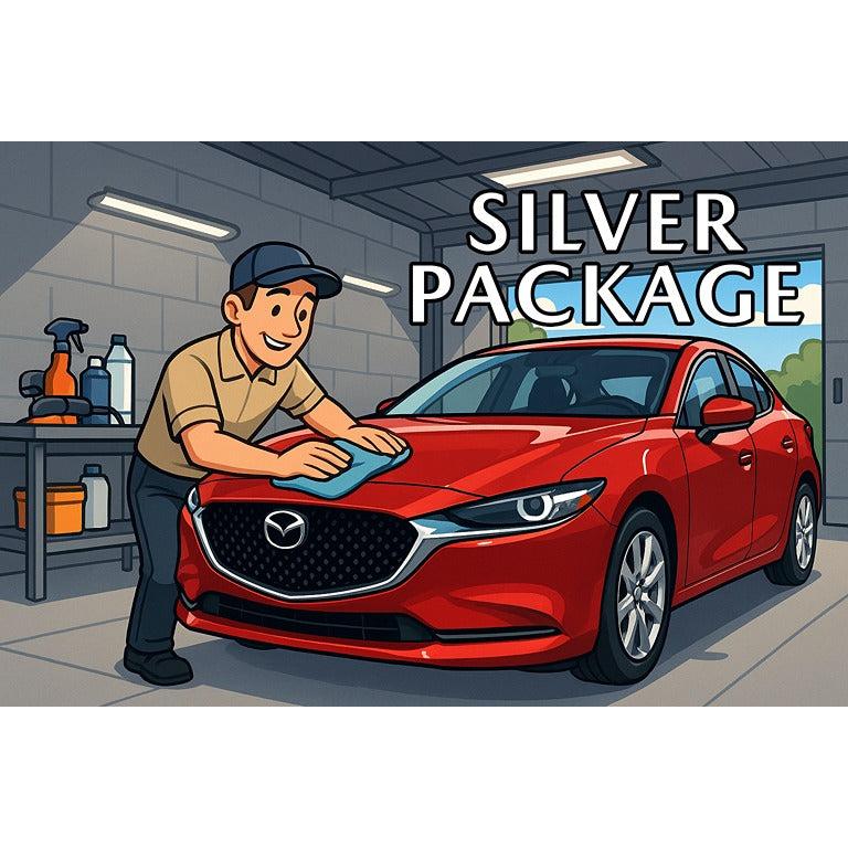 Illustration of a car being washed with a person cleaning the hood, set against a garage background with &#39;Silver Package&#39; text.